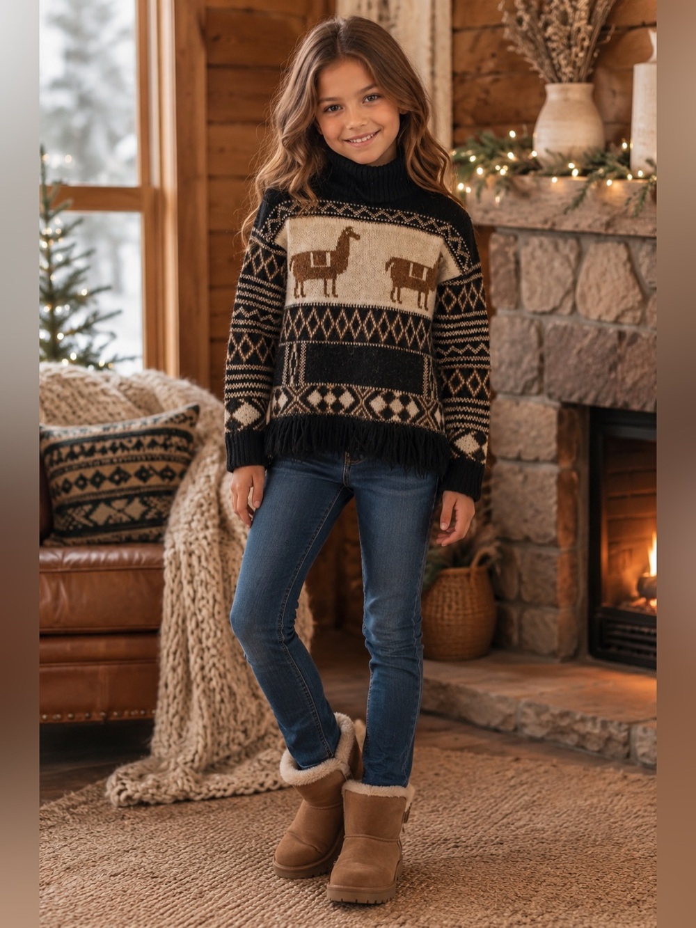 Zara Girls Llama Fringe Turtleneck Sweater Cozy Boho Cabin Style Size 10